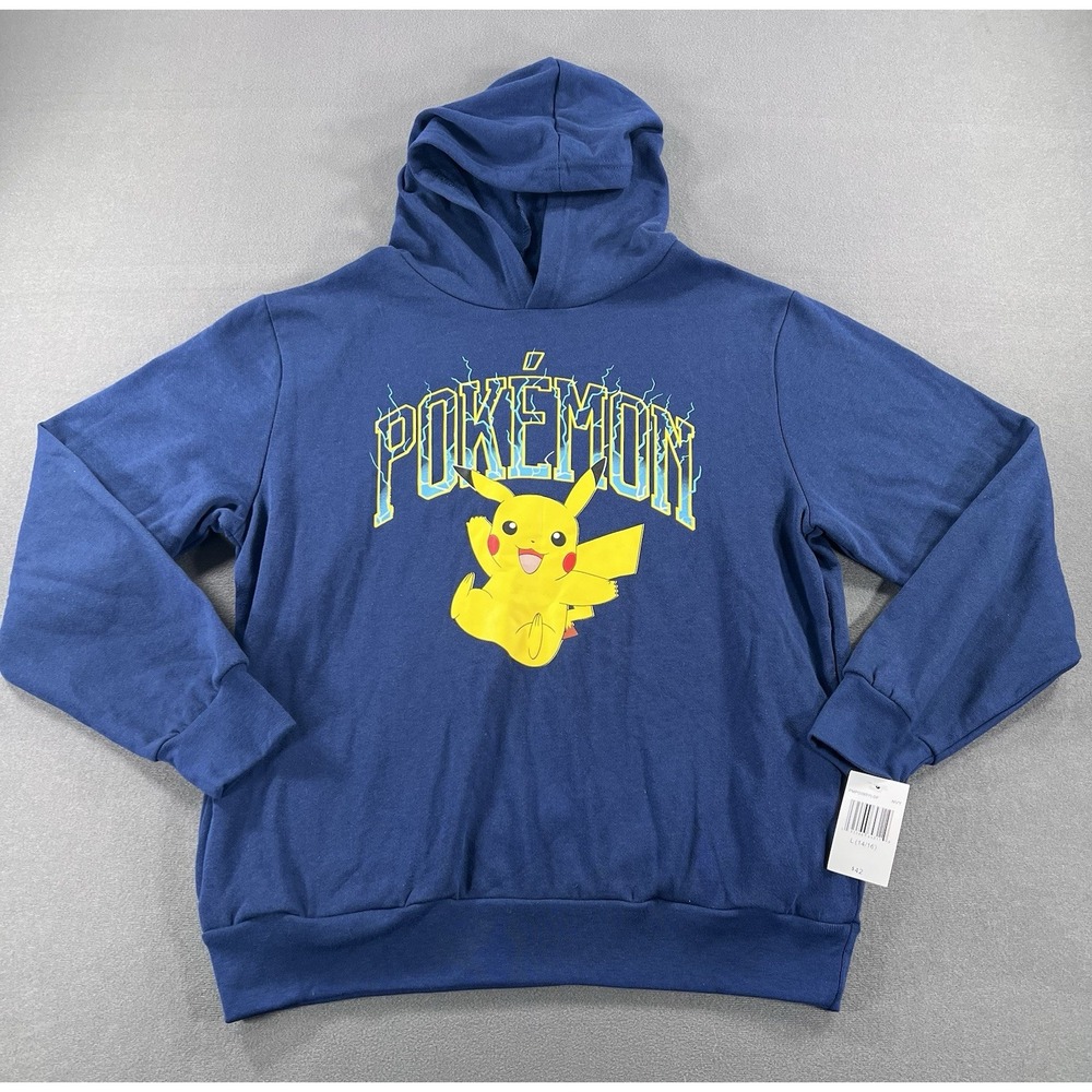 Kids Pokemon Yellow Pikachu Hoodie Blue Pullover Sweatshirt Size L (14/16)  New